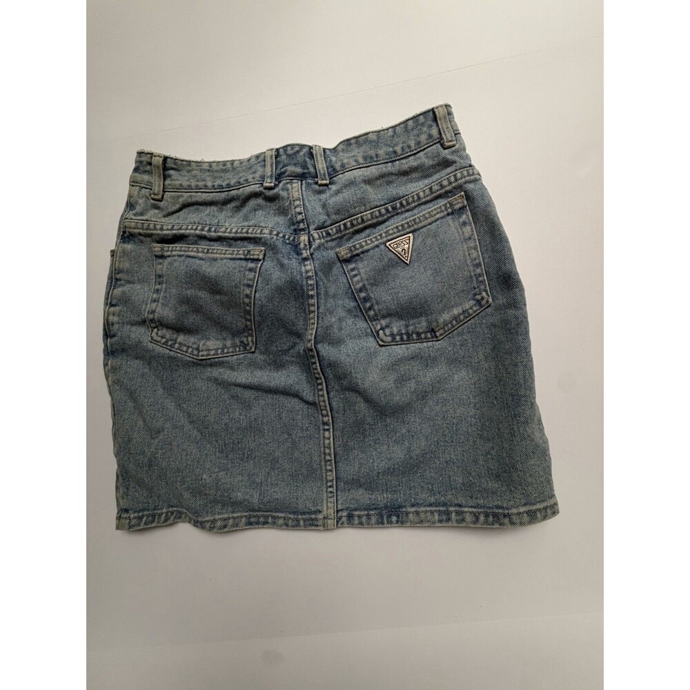 Vtg GUESS Women’s Blue Denim Short Mini Skirt Size 30 Button Logo Cotton